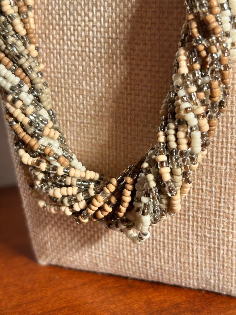 Boho Earth Tone Seed Bead Statement Necklace 22 In Cream Tan Brown Multi Strand
